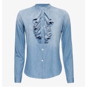 NSF Women S‎ Blouse 100% Cotton Button Down Chambray Ruffle Light Wash Blue